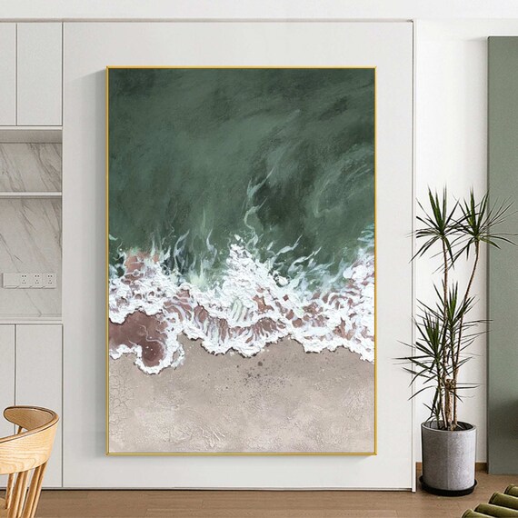 Aerial Green Sea White Foam Waves Pale Sand Beach Ocean Scene Poster