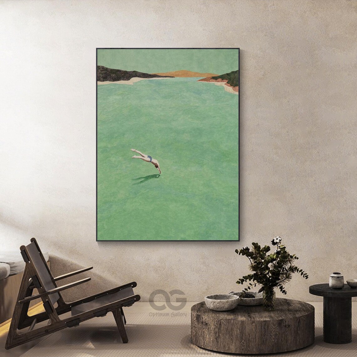 Vintage Man Diving Into Turquoise Sea Coastal Summer Holiday Wall Poster - Image 4