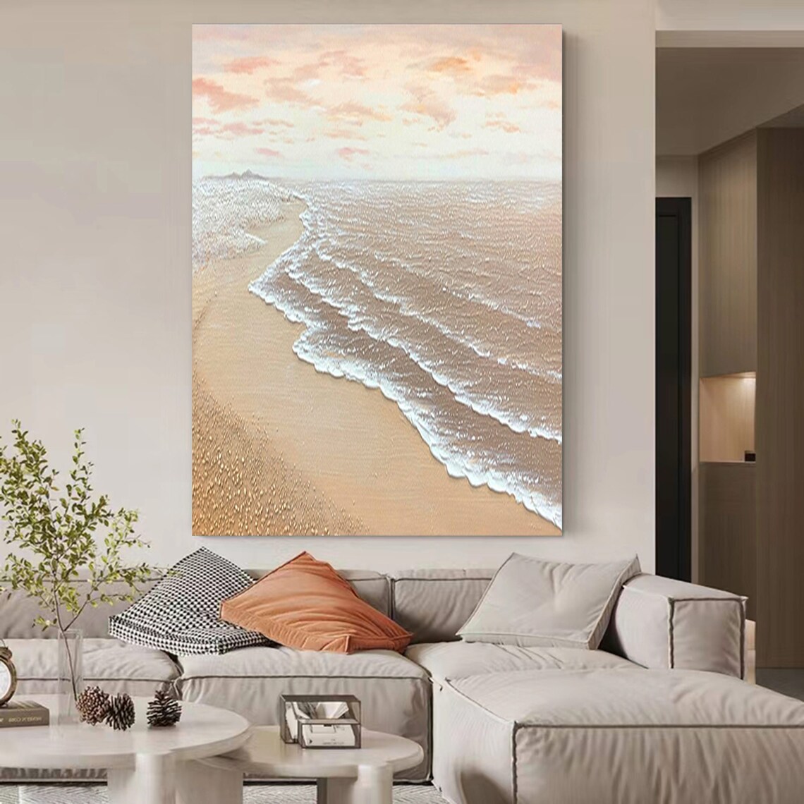 Sunrise Pink Sky White Foam Waves Golden Sand Beach Coastal Scene Poster - Image 4