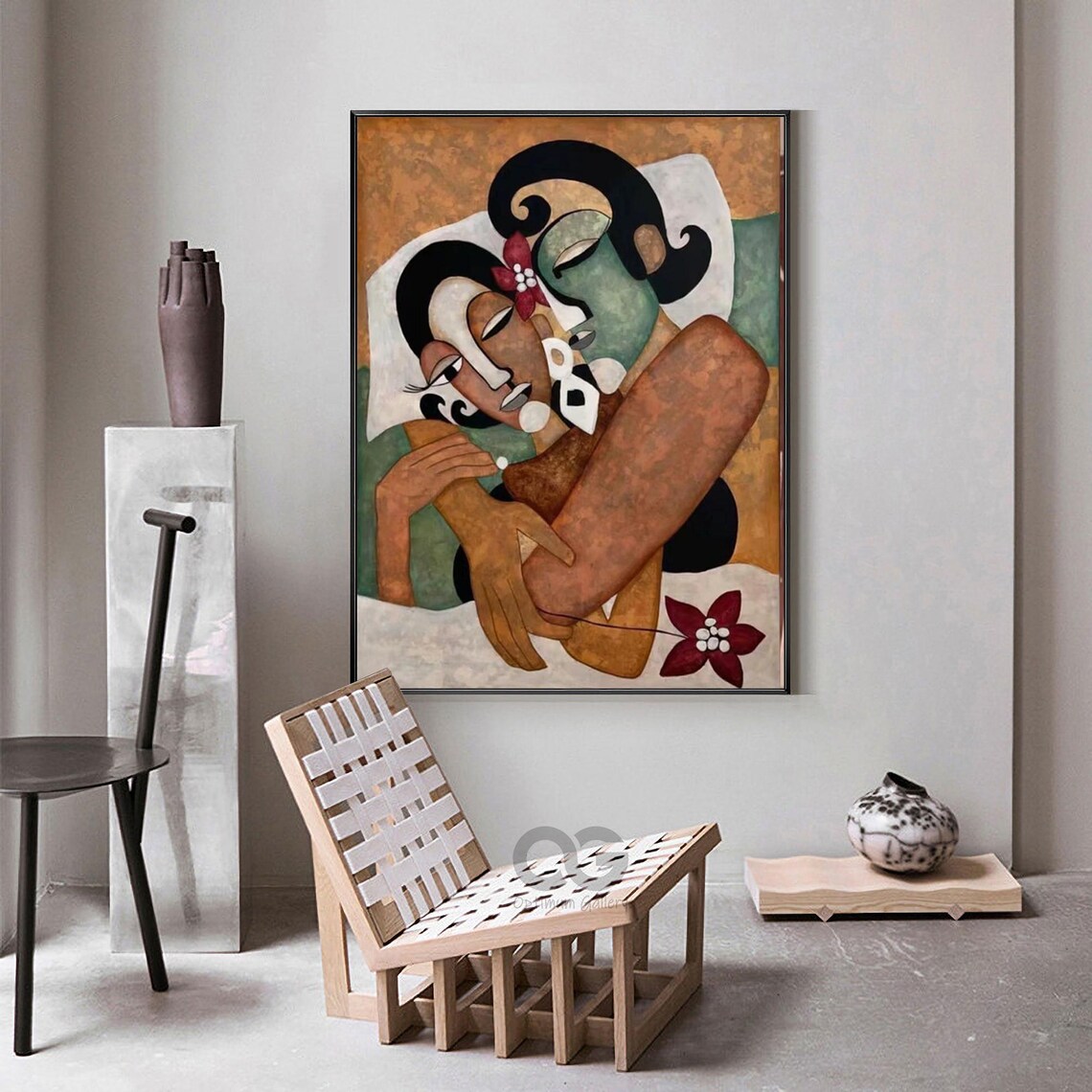 Embracing Couple Abstract Warm Earth Tone Closed Eyes Floral Art Poster - Image 4