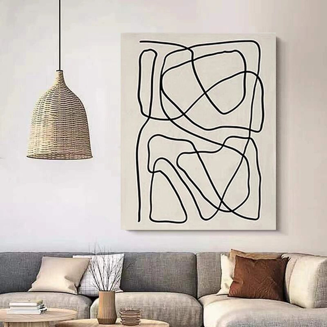 Black Continuous Line Abstract Cream Minimalist Scribble Art Poster - Image 3