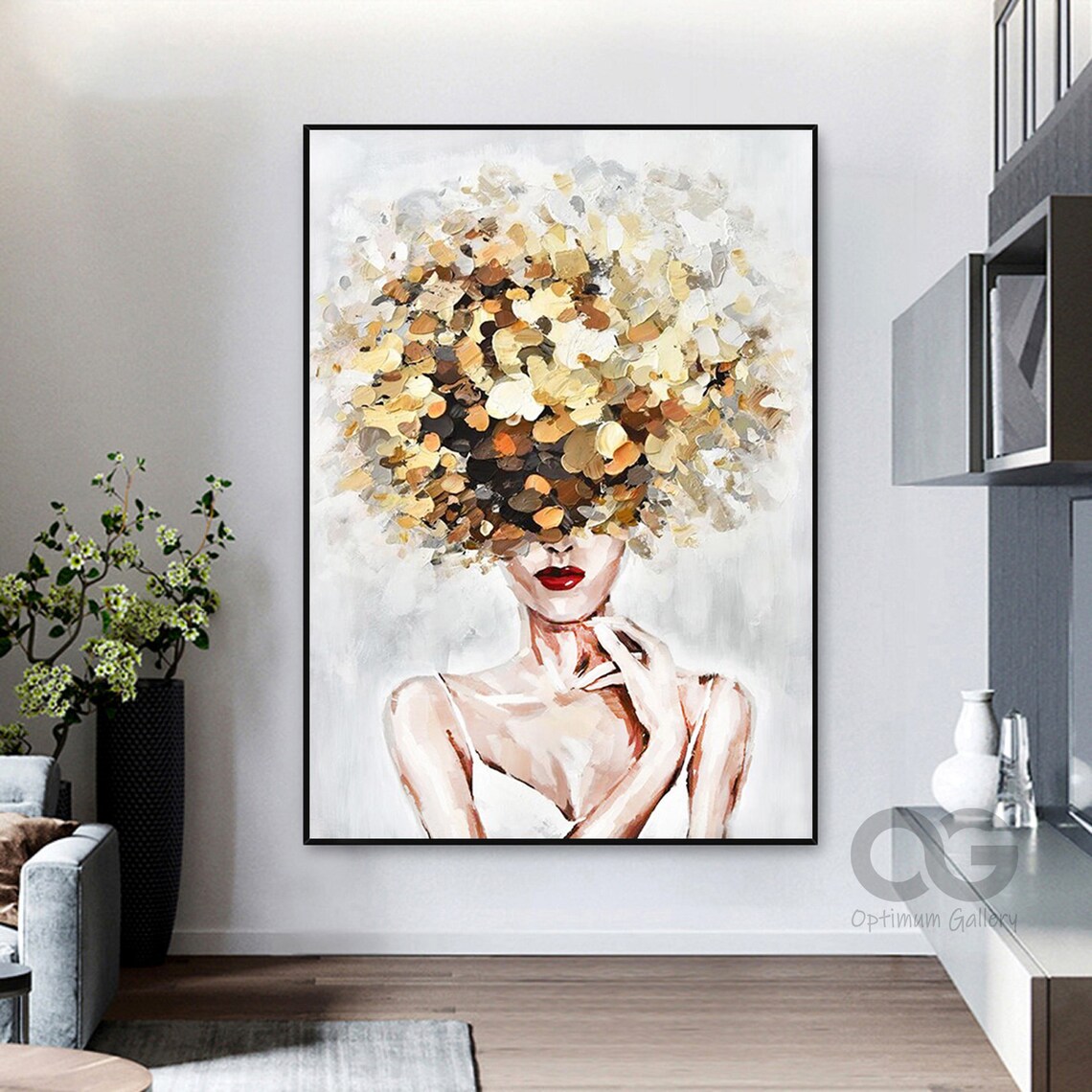 Golden Floral Hair Woman Portrait Red Lips Elegant Abstract Lady Poster