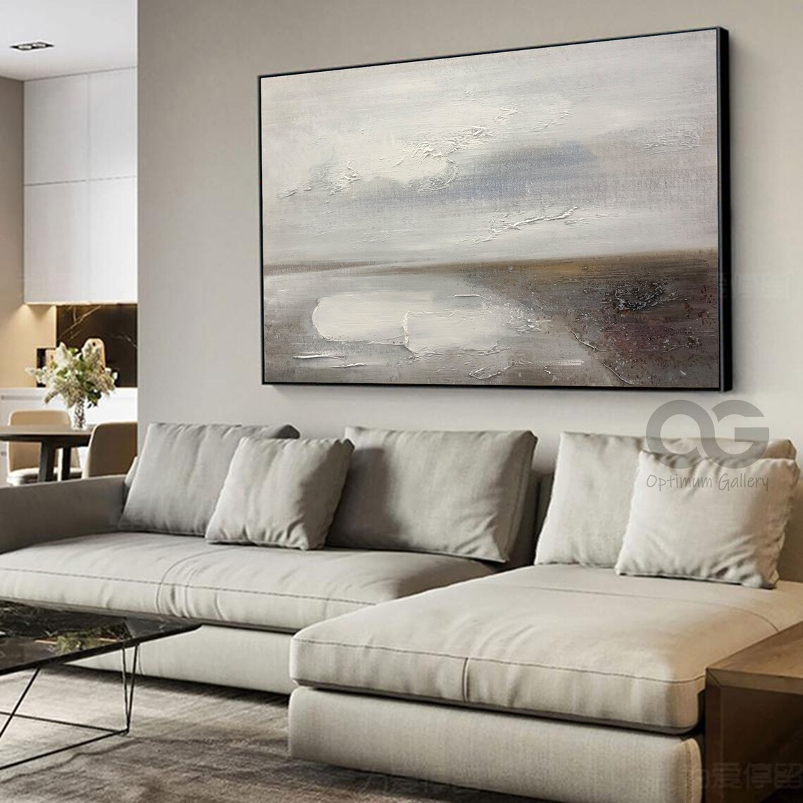 White Neutral Abstract Beach Waves Textured Minimalist Painting Wall Art - Image 3