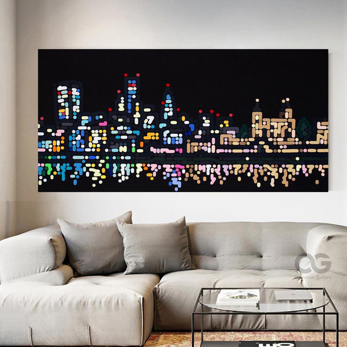 Original Painting On Textured Wall Art Black Painting City Colorful Landscape Painting Living Room Wall Art Urban Wall Art Modern Art