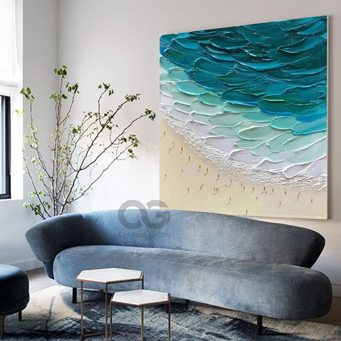 Turquoise Ocean White Beach Tiny Figures 3D Impasto Aerial Scene Poster - Image 4