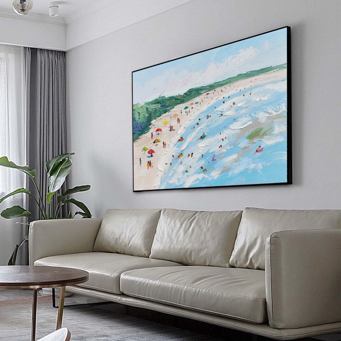 Panoramic Beach Green Dunes Umbrellas Surfers Summer Shore Art Poster - Image 2