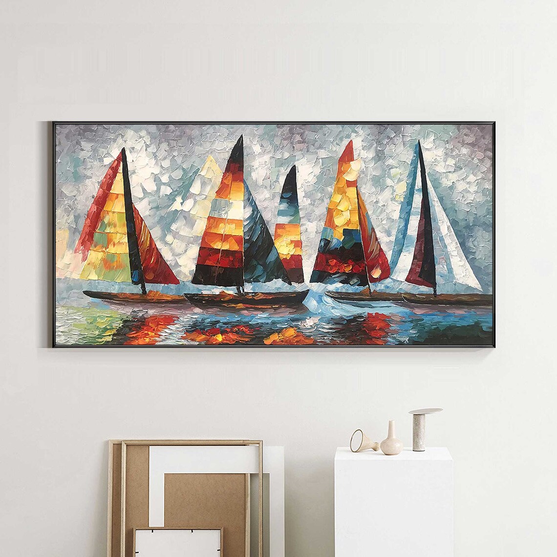 Colorful Sailboat Regatta Painting Red Orange Sails Blue Water Wall Art Poster - Image 5