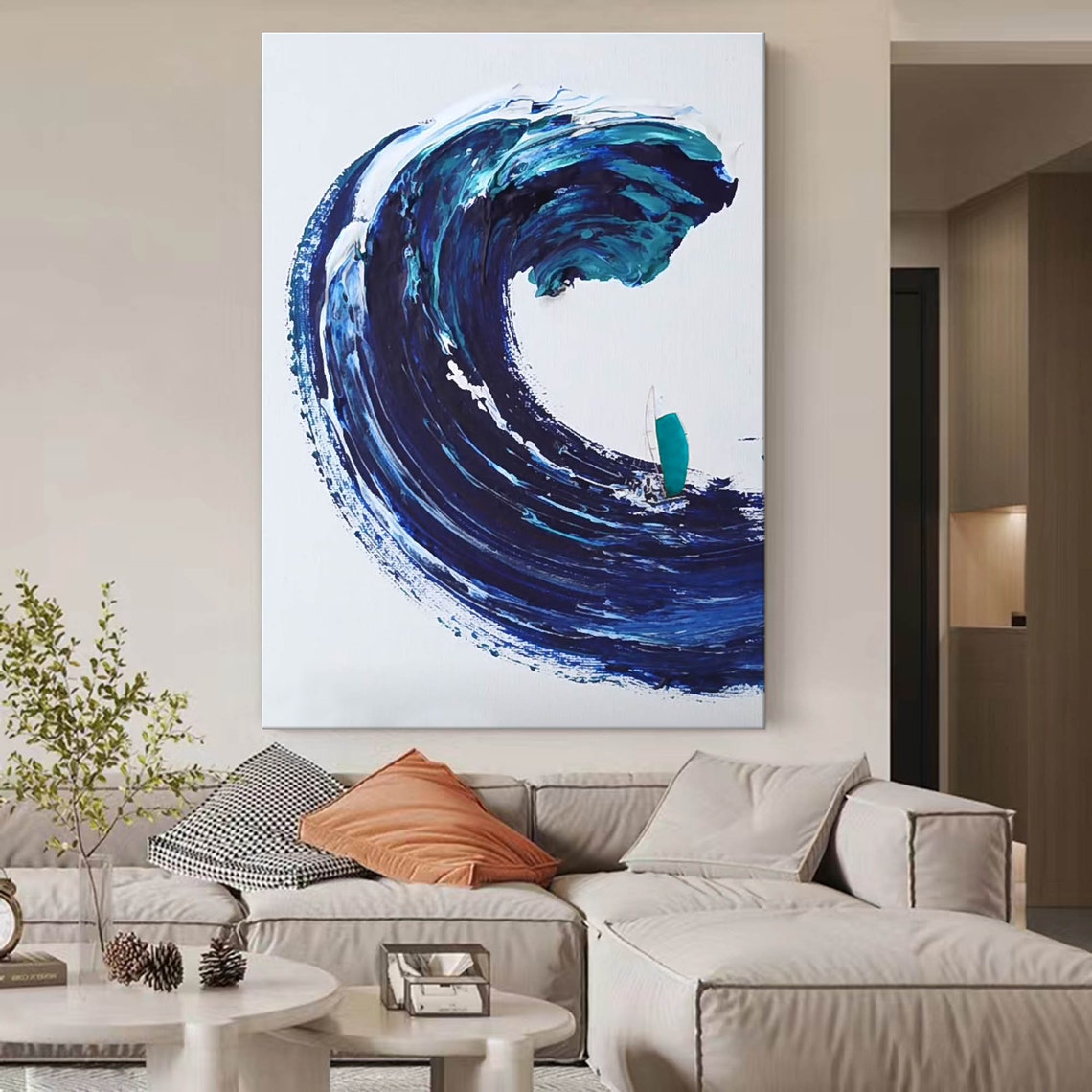 Giant Deep Blue Wave Tiny Surfer Minimal White Background Art Poster - Image 4