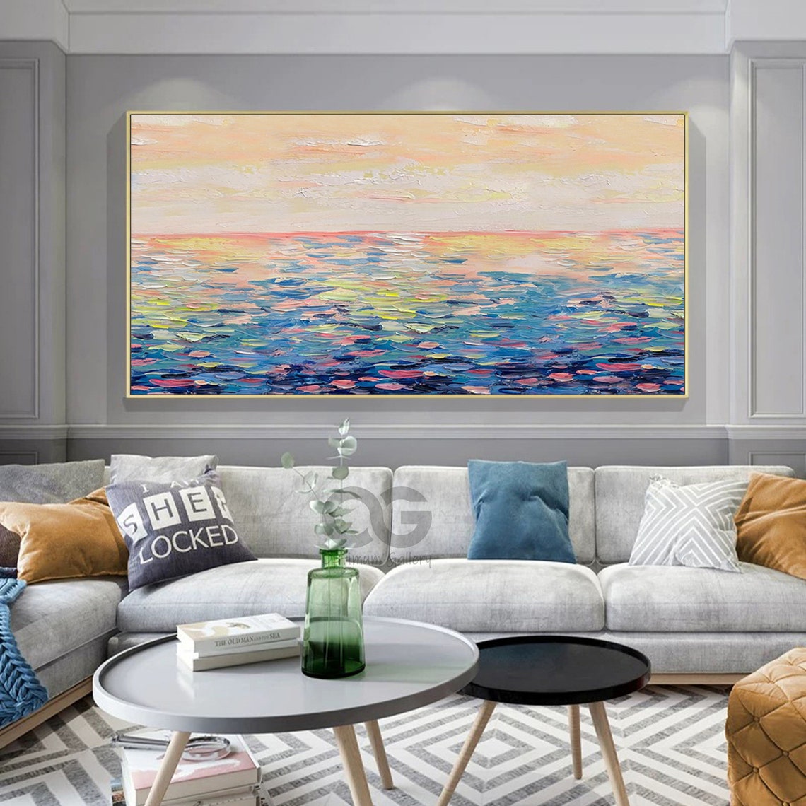 Pastel Sunrise Calm Ocean Panoramic Soft Pink Peach Seascape Poster - Image 3