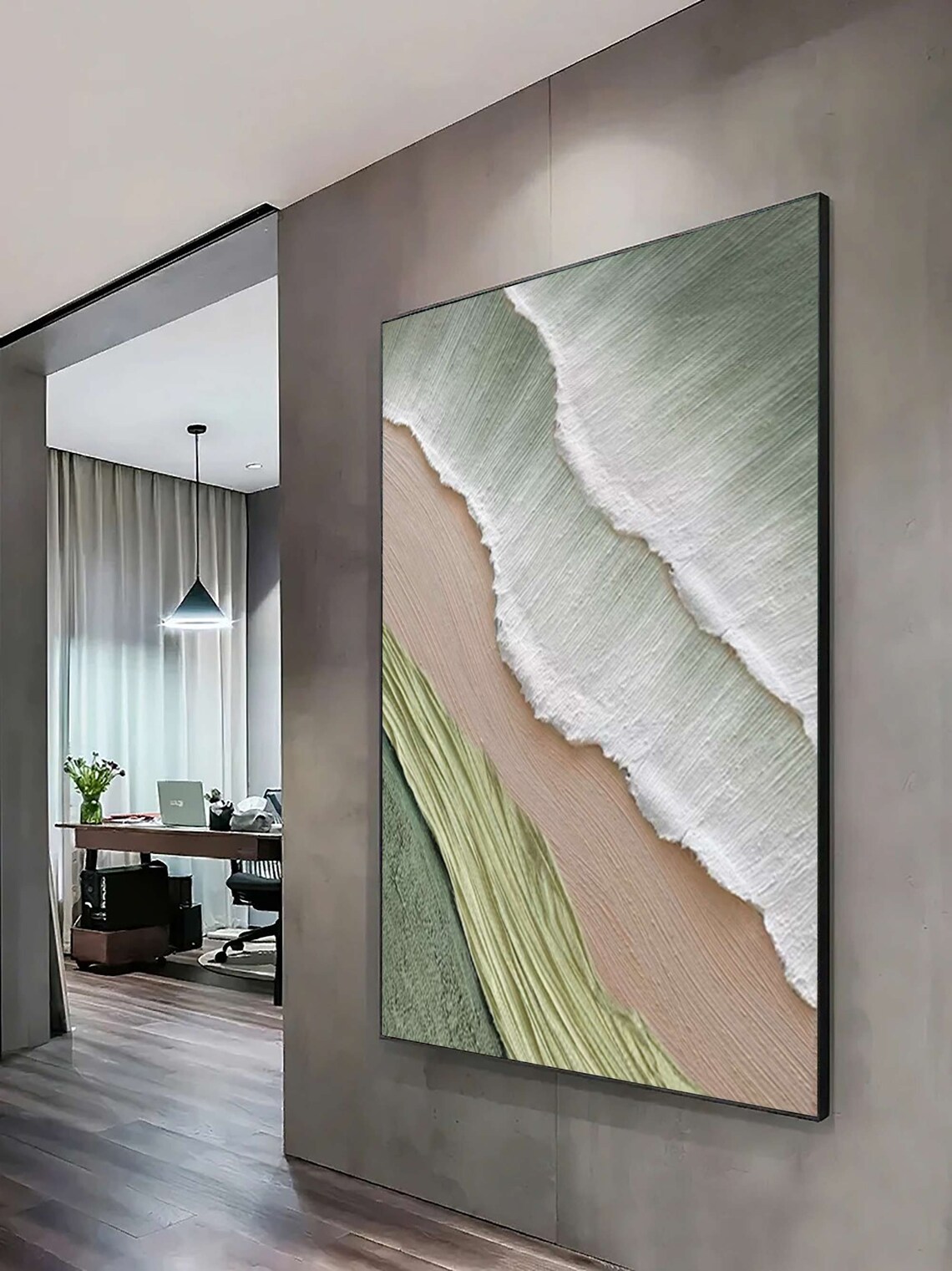Green White Foam Wave Beige Sand Textured Coastal Abstract Scene Poster - Image 2