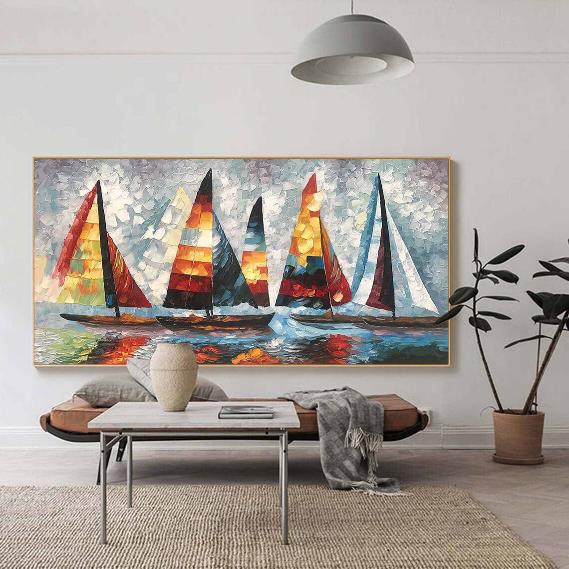 Colorful Sailboat Regatta Painting Red Orange Sails Blue Water Wall Art Poster - Image 3