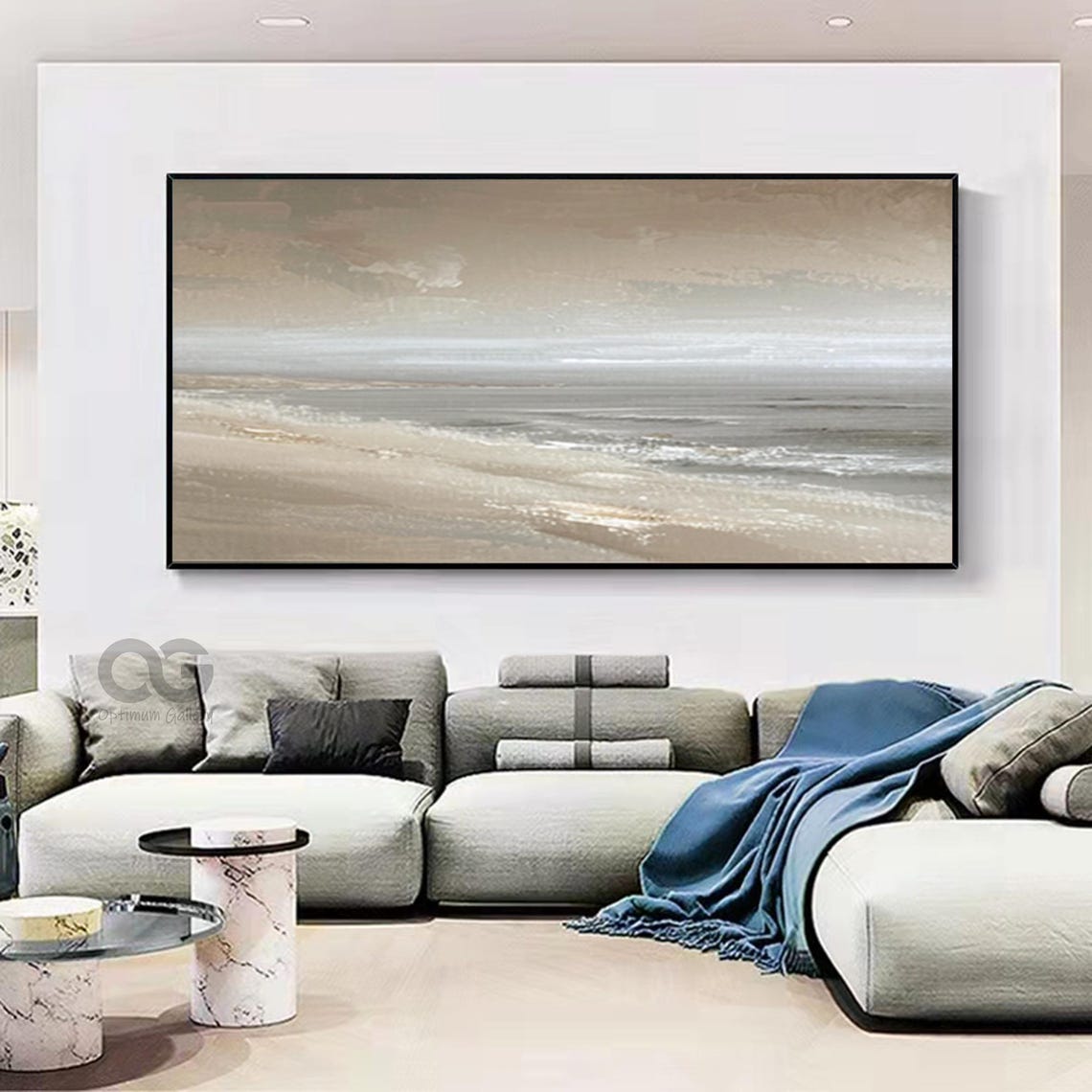 Soft Beige Misty Shoreline Minimal Panoramic Seascape Beach Poster - Image 3