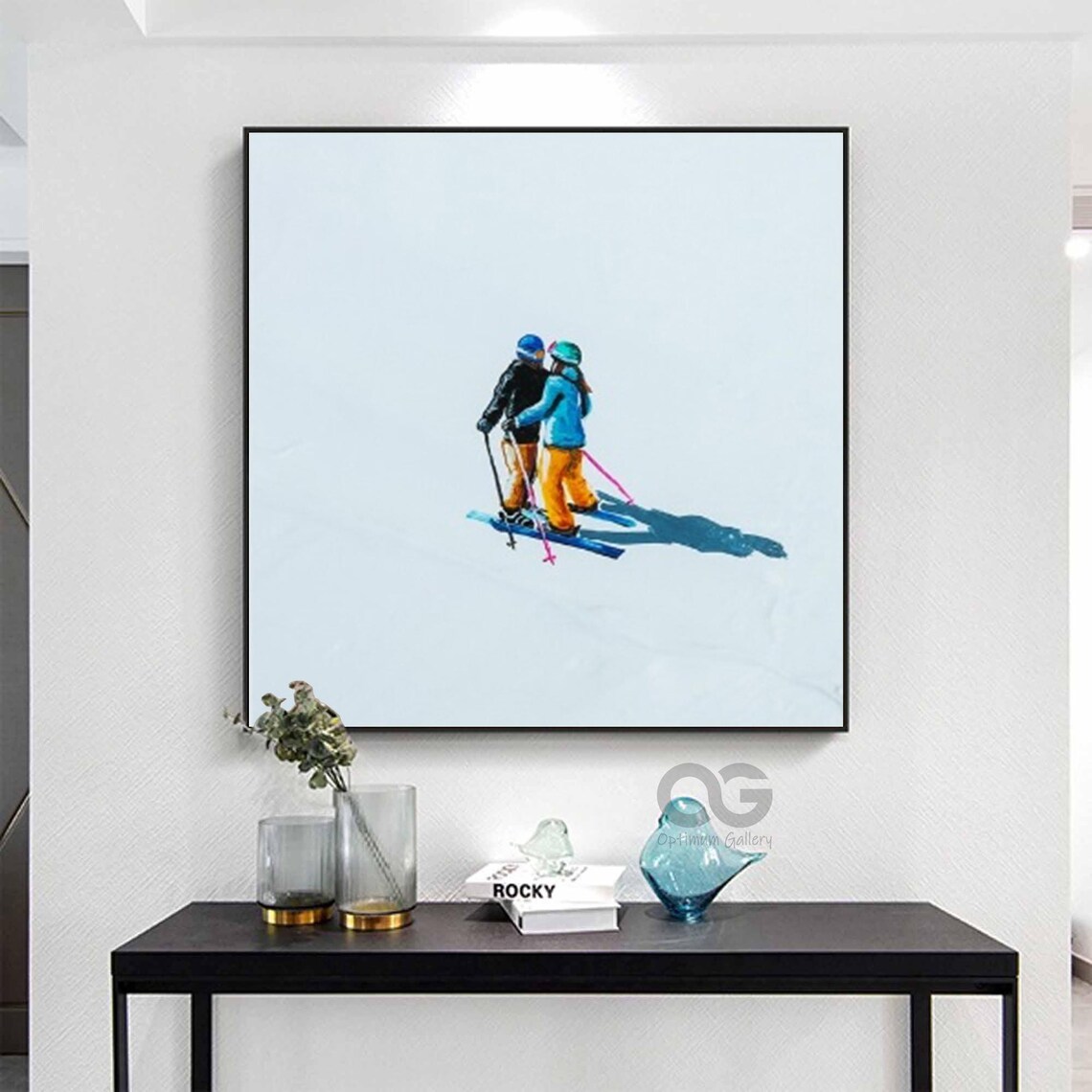 Minimalist Skiing Couple Colorful Snow Slope Modern Sports Art Poster