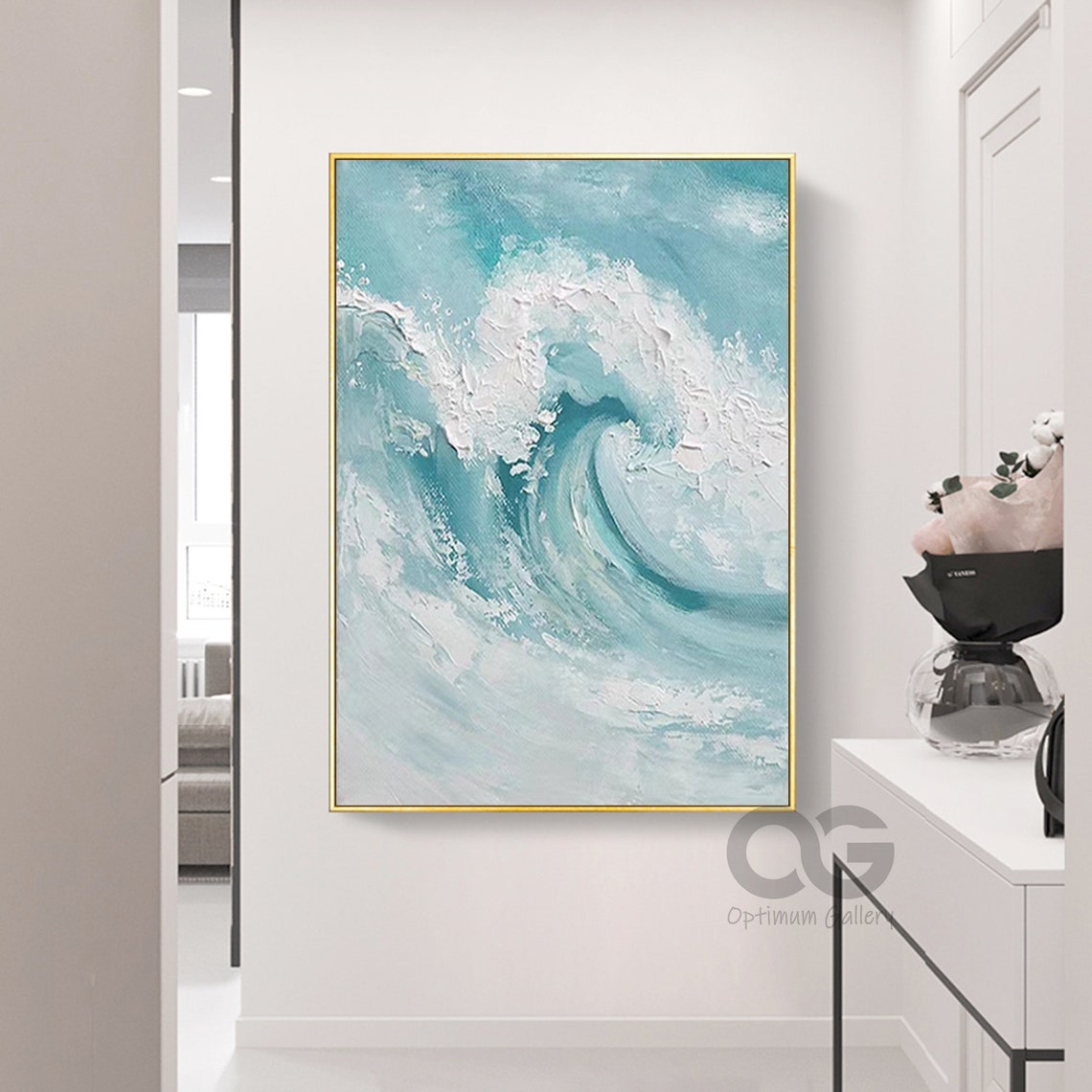 Turquoise Big Ocean Wave Curl White Foam Gold Framed Painting Wall Art - Image 3