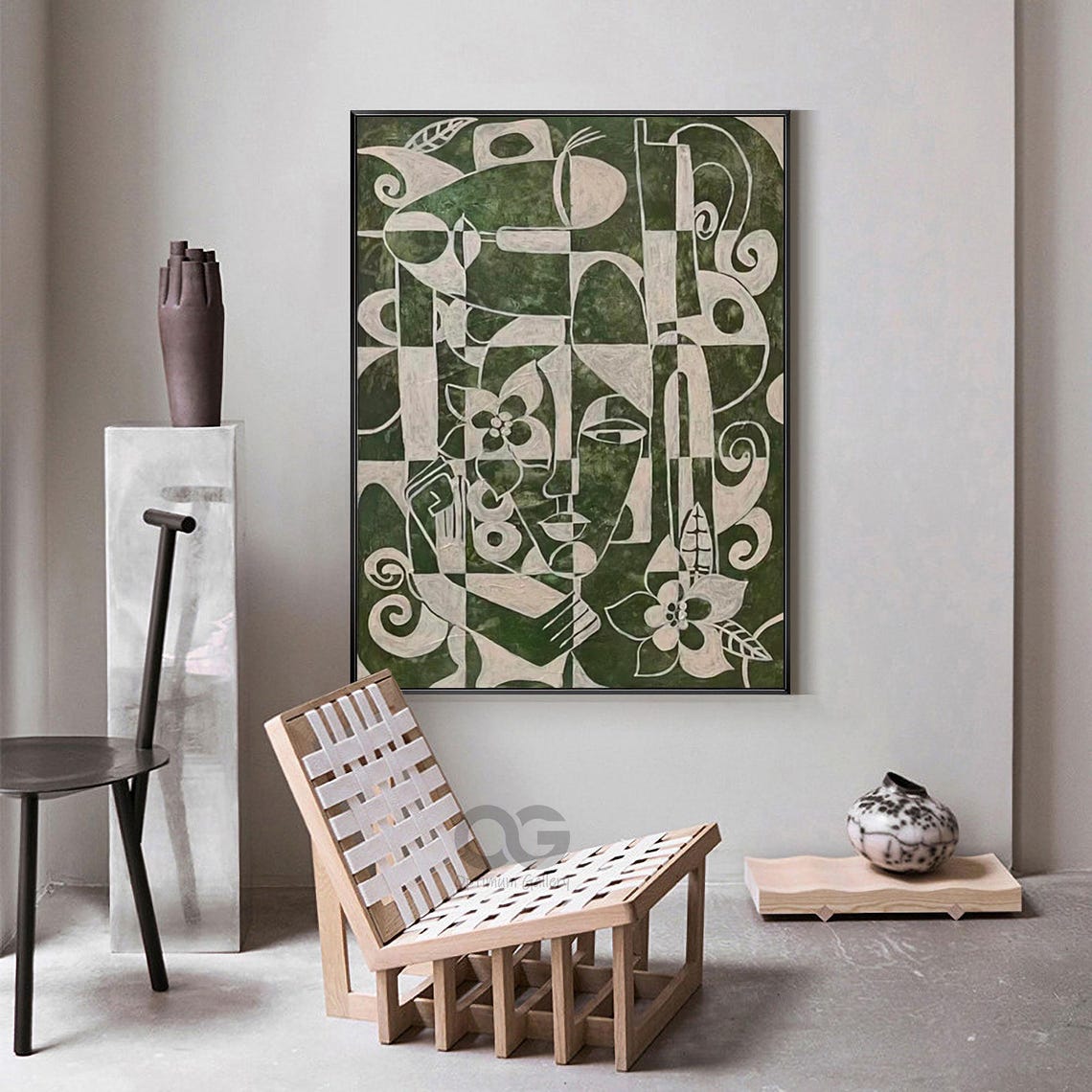 Abstract Lady Painting Woman Face Painting Large Green And Beige Portrait Artwork Modern Picasso Style Art Woman Wall Art Home Decor - Image 4