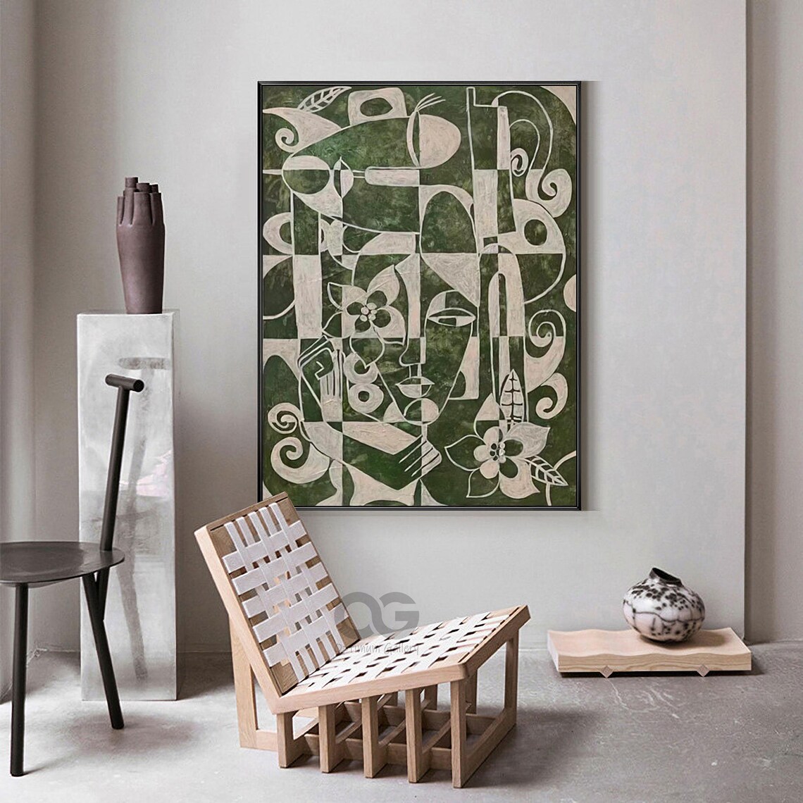 Green Beige Geometric Face Abstract Floral Swirls Picasso Style Art Poster - Image 4
