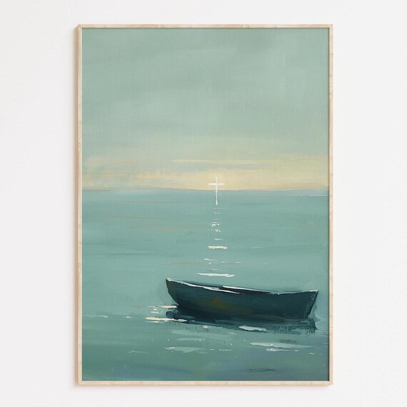 Cross On Water Coastal Boat Teal Ocean Christian Nautical Art Print