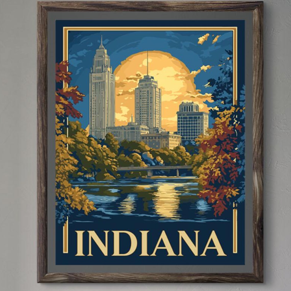 Indiana Skyline River Sunset Art Deco Tower Vintage Travel Poster
