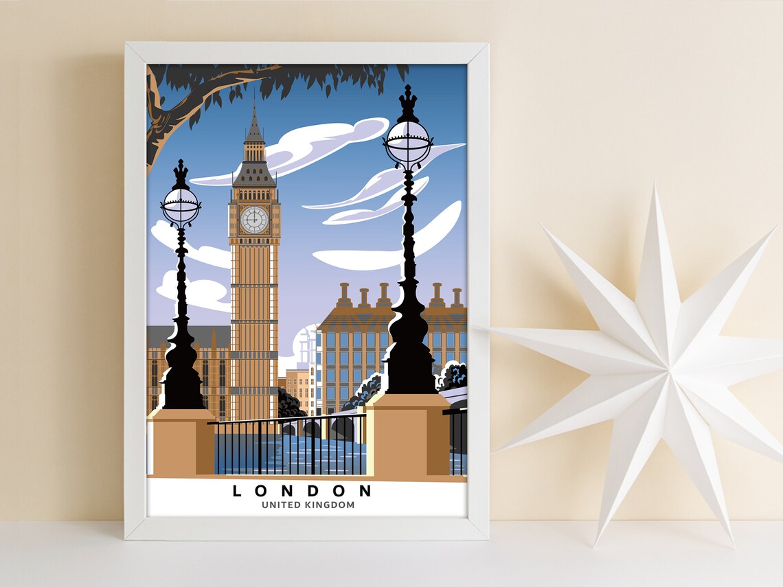 London United Kingdom Big Ben Bridge Lamps Vintage Style Travel Poster - Image 2