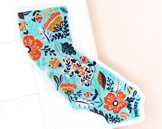 California Floral State Teal Wildflower Die Cut Sticker Print