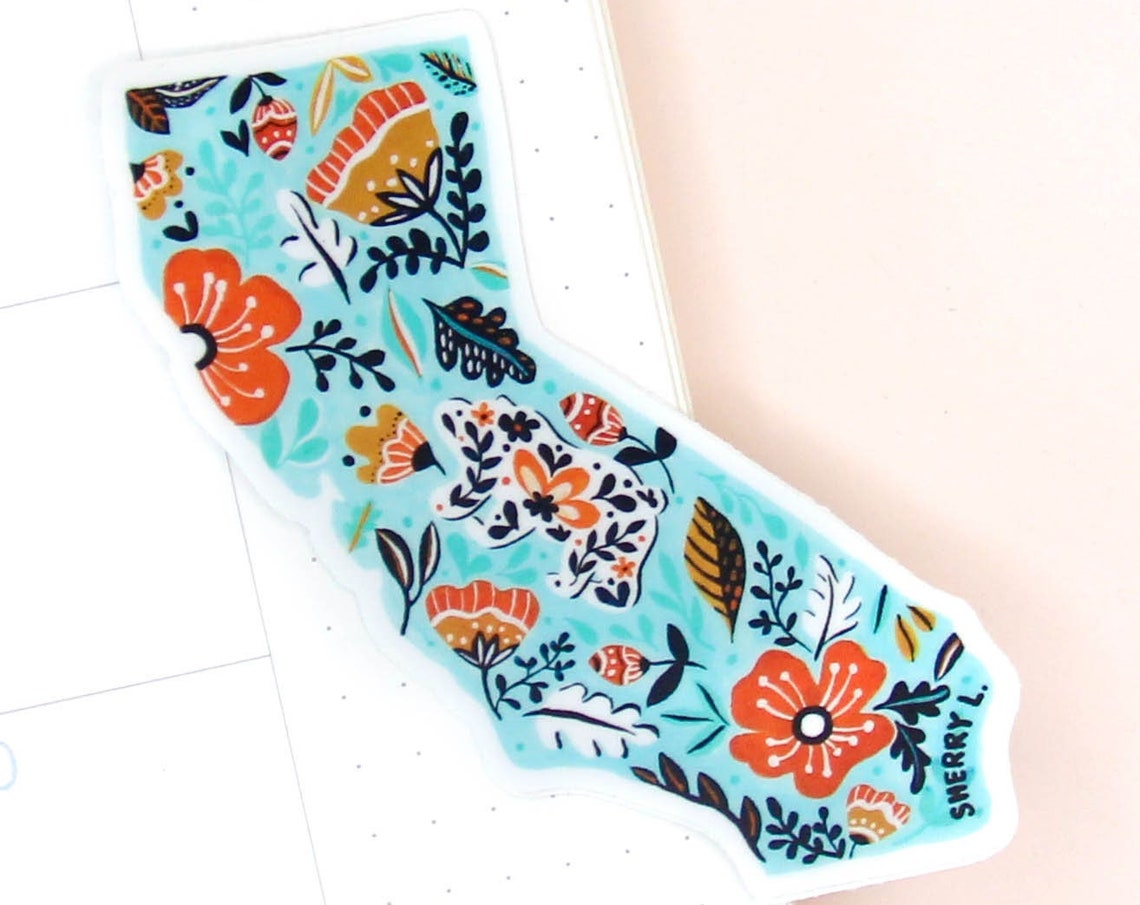 California Floral State Teal Wildflower Die Cut Sticker Print