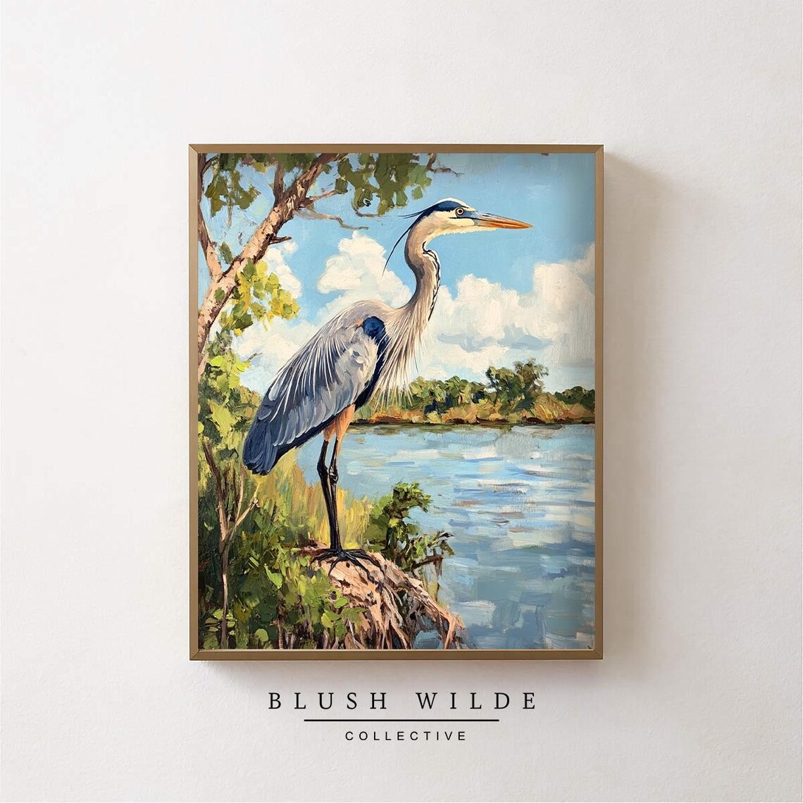 Great Blue Heron by the Water Wildlife Bird Oil Painting Poster