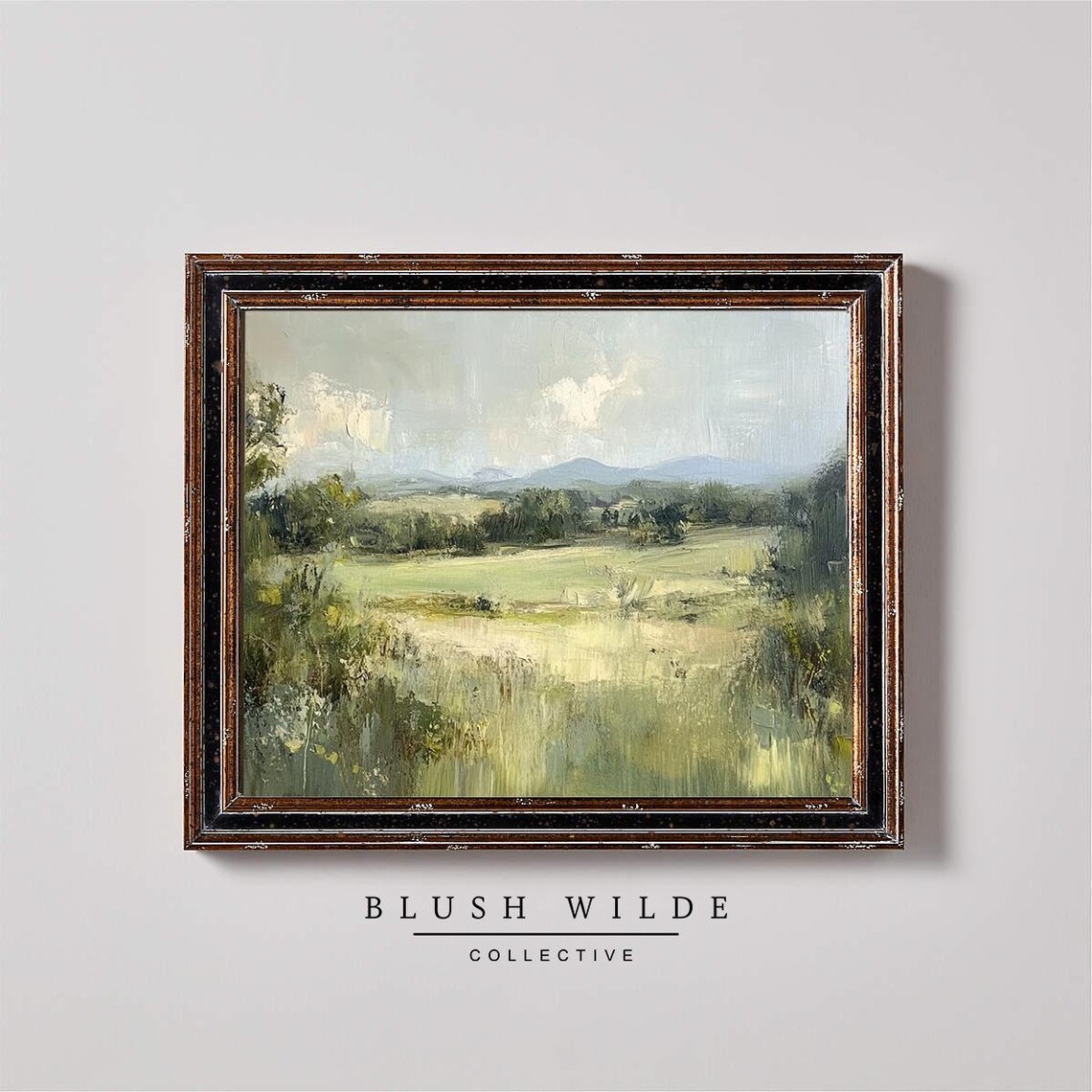 Sage Green Meadow Vintage Grassy Landscape Oil Painting Poster