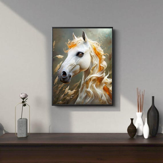 Luminous White Horse Wall Art Mystical Fantasy Animal Illustration Elegant Equine
