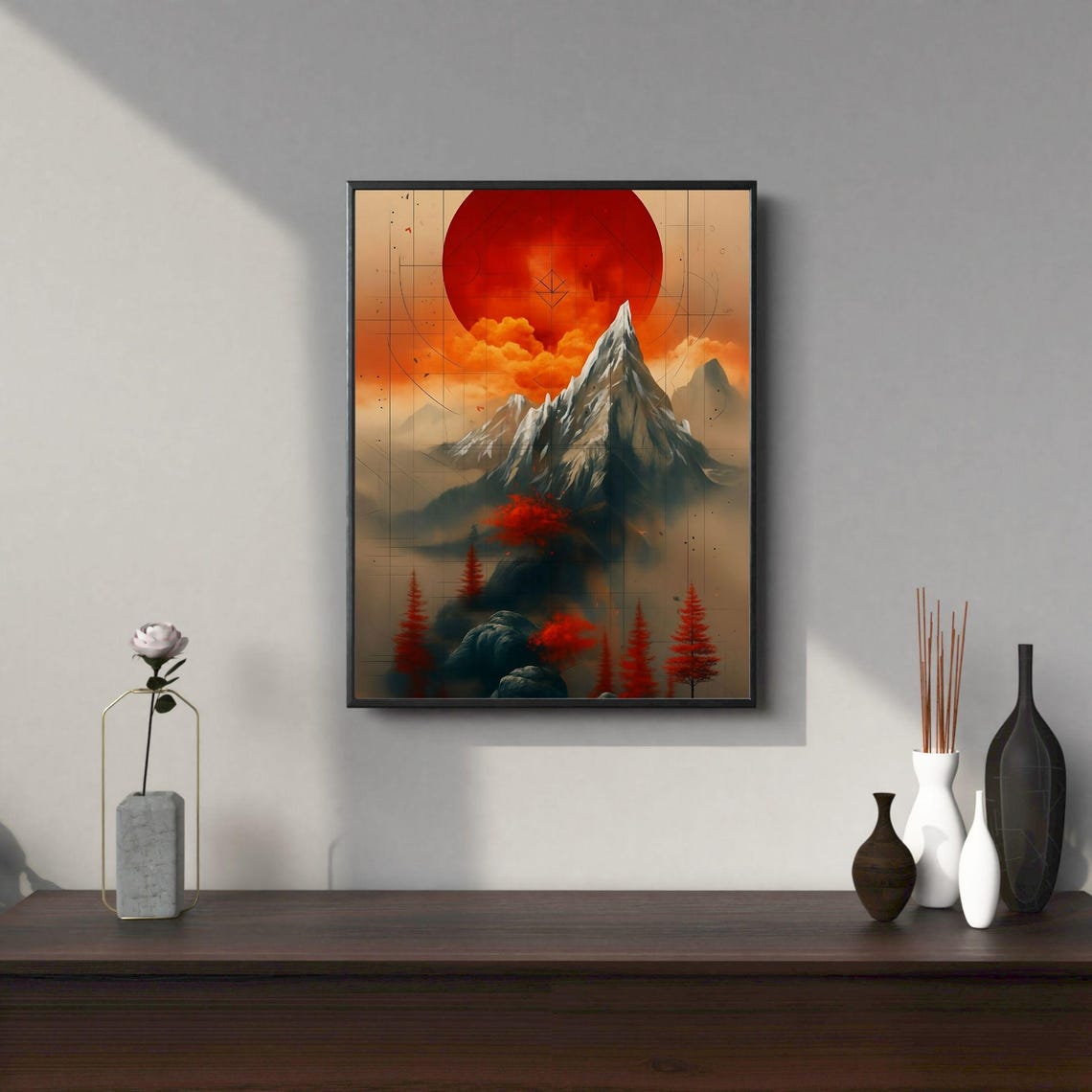 Surreal Giant Red Sun Over Jagged Mountain Peak Fantasy Wall Art