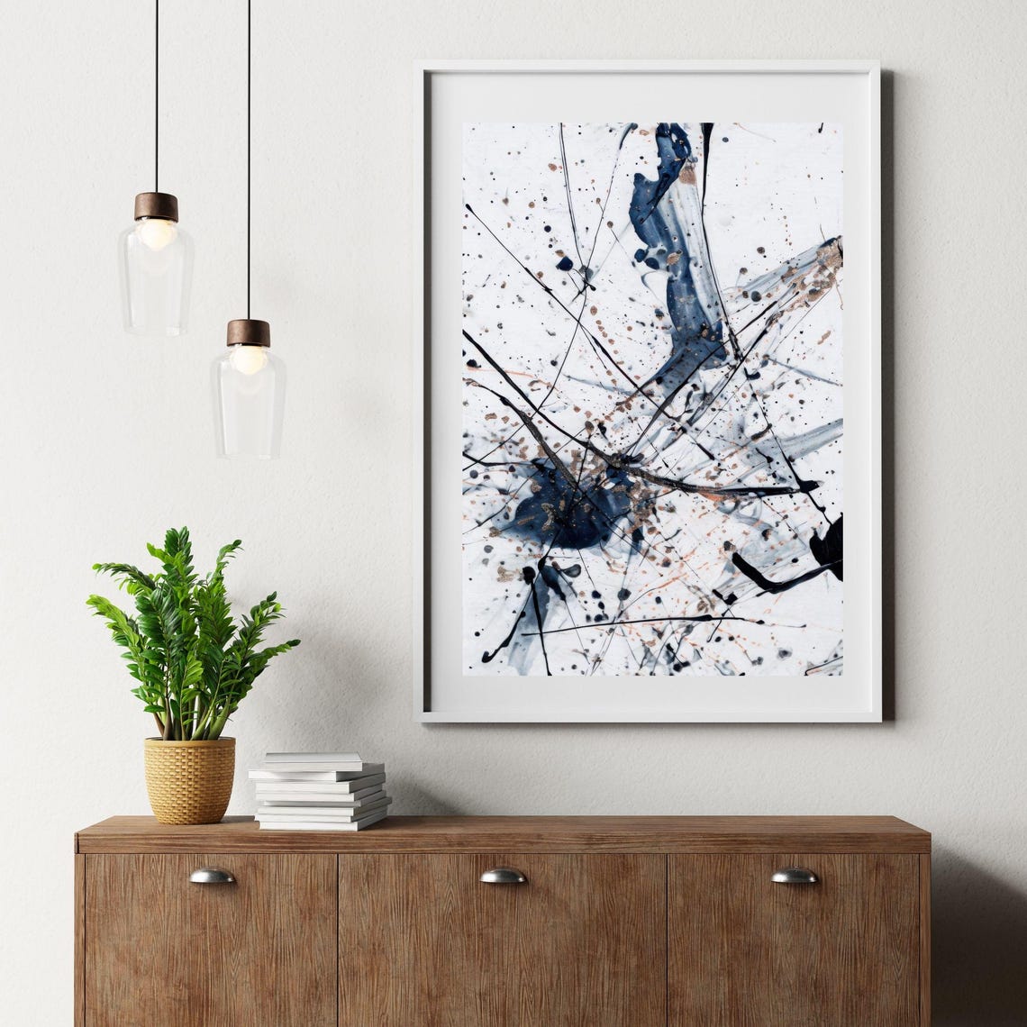 Abstract Blue Gold Ink Splatter Modern Minimalist Home Decor Poster