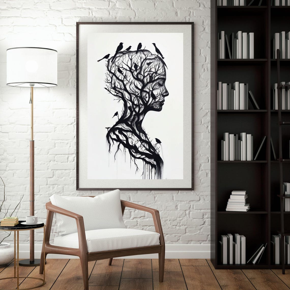 Woman Silhouette Tree Branches Birds Black White Ink Art Poster