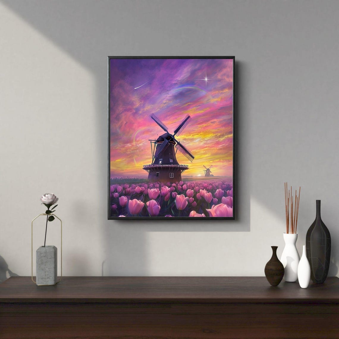 Dutch Windmill Sunset Tulip Field Vibrant Sky Painting Poster