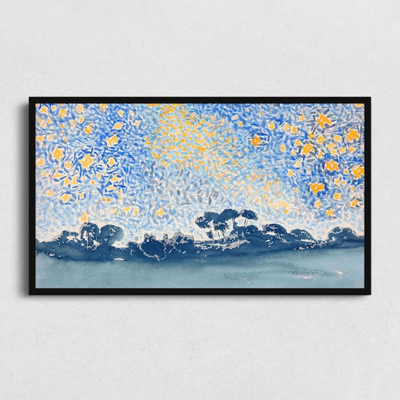 Starry Night Sky Pointillist Seascape Vintage Starlight Art Poster