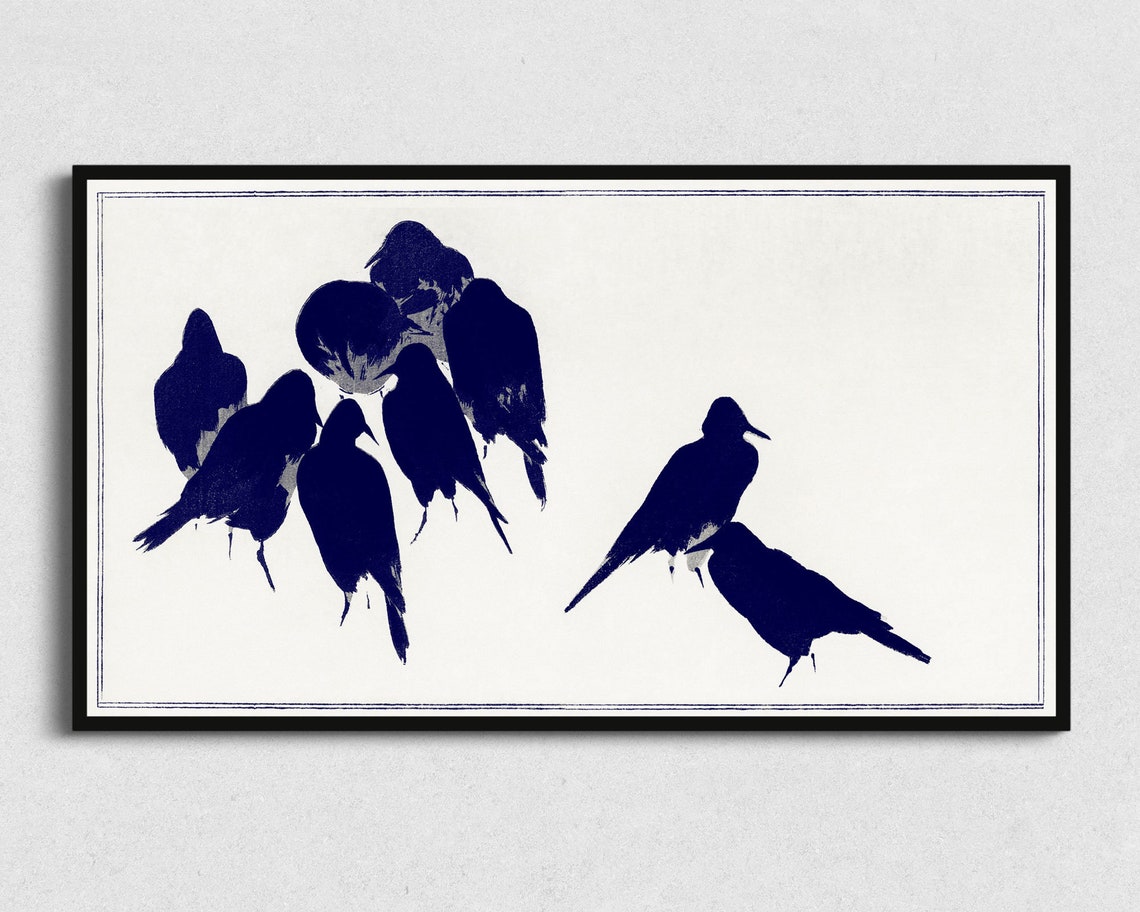 Murder Of Crows Dark Indigo Silhouette Japanese Woodblock Art Poster - Image 2