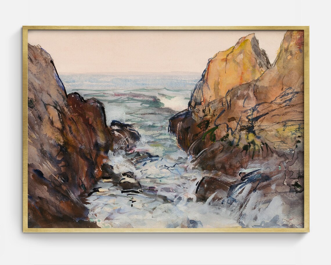 Vintage Rocky Coastline Painting, Antique Coastal Art Print