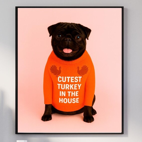 Cutest Turkey In The House Black Pug Wall Art Funny Dog Print Thanksgiving Decor For Mom Dad Cute Pet Lover