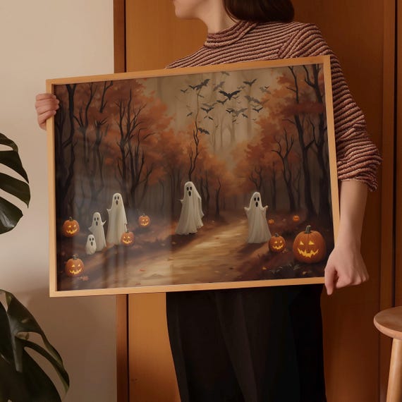 Moody Ghost Painting Autumn Landscape Vintage Style Wall Art Halloween Decor Spooky Fall Art Cottage Halloween Decor