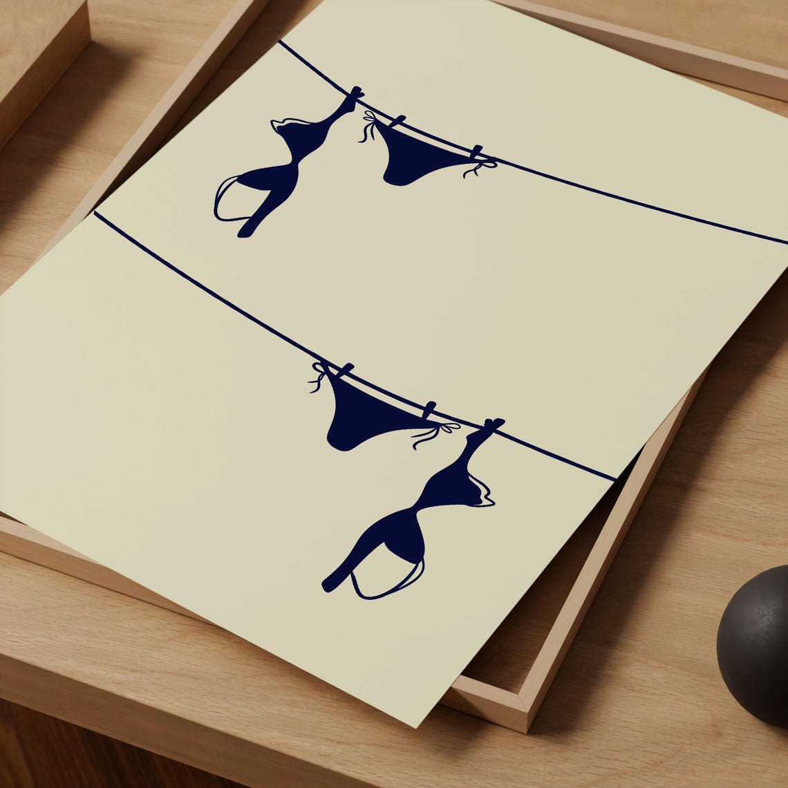 Navy Bikini Silhouette Clothesline Minimal Cream Chic Swim Poster - Image 2