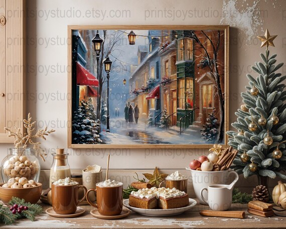 Christmas Eve Snowy City Street Oil Painting Vintage Holiday Poster
