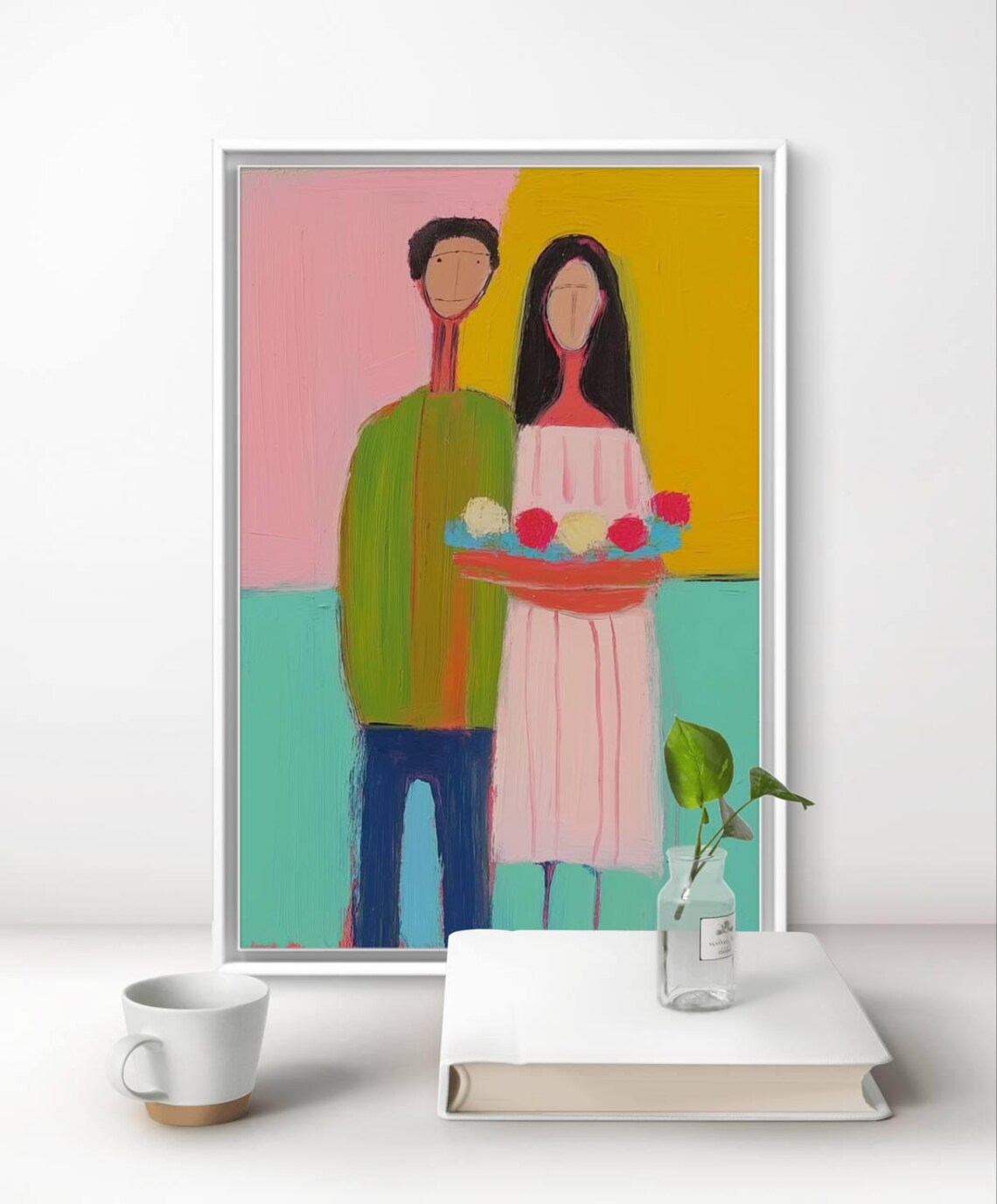 Joyful Naive Art Couple Painting Woman With Flower Tray Colorful Modern Poster