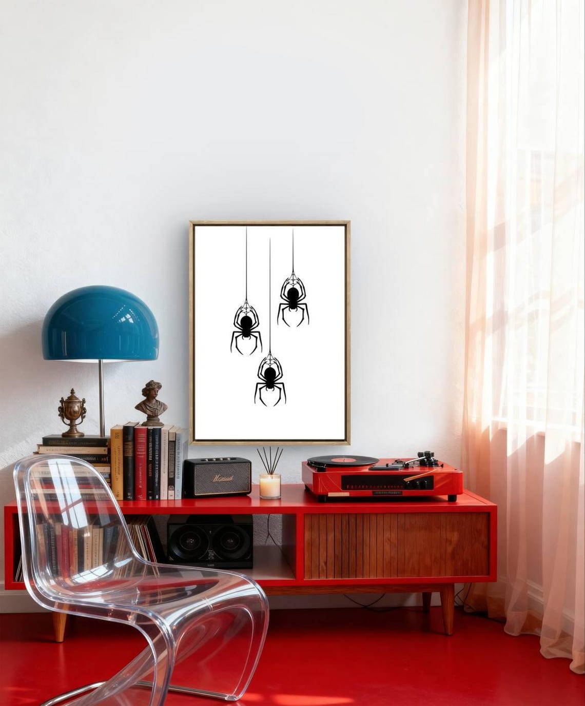 Three Hanging Black Spiders Minimalist Spooky Halloween Wall Art