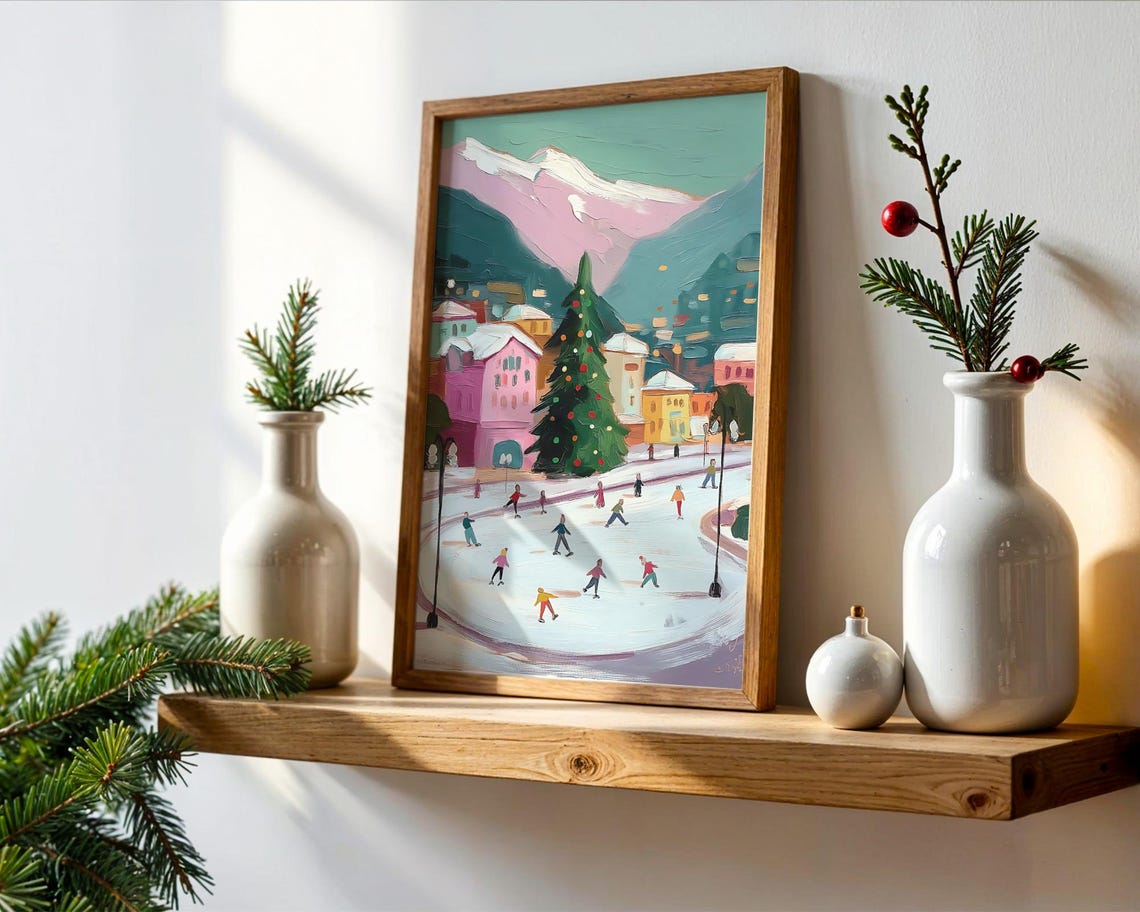 Winter Mountain Village Ice Skating Christmas Tree Oil Painting Poster