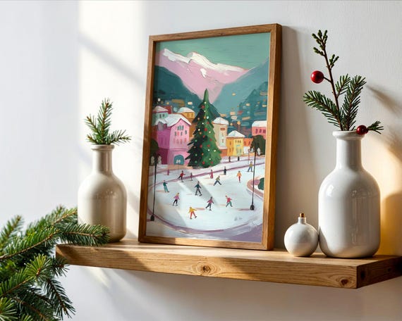 Winter Mountain Village Oil Painting Print