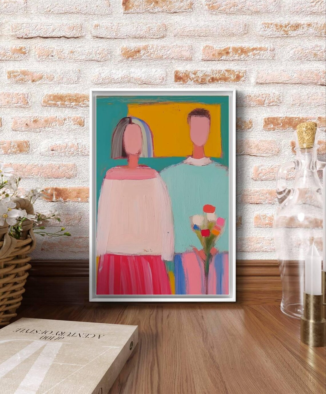 Colorful Naive Art Couple Painting Pink Dress Flowers Modern Figurative Poster