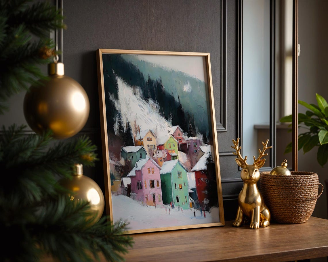 Colorful Snowy Alpine Village Winter Mountain Painting Poster