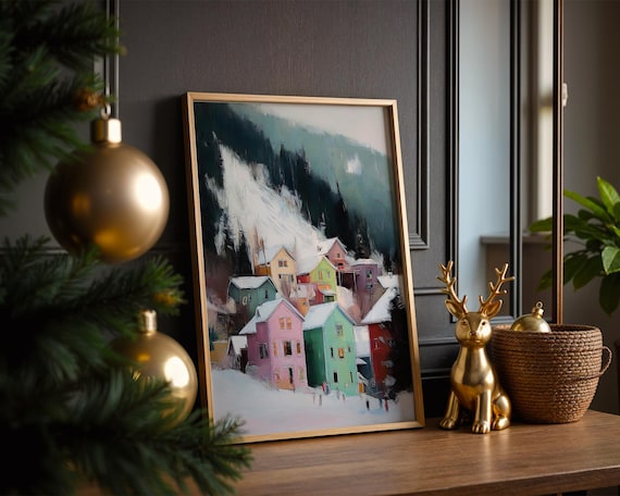Colorful Snowy Alpine Village Winter Mountain Painting Poster