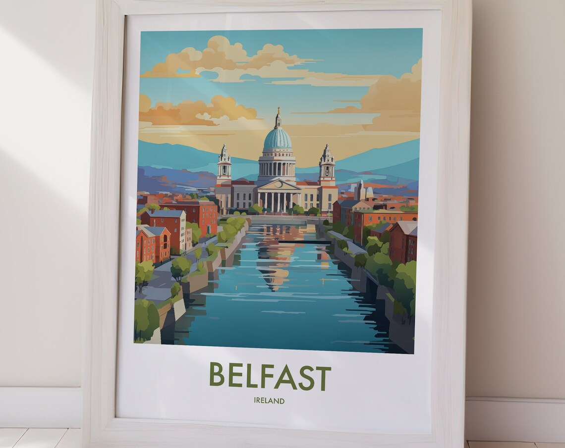 Belfast Ireland Domed Building River Golden Sunset Travel Poster - Image 2