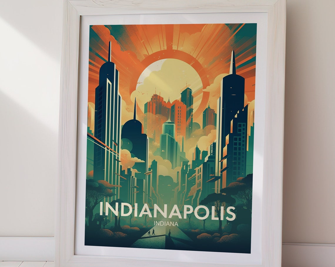 Indianapolis Indiana Art Deco Skyline Sunburst Retro Travel Poster - Image 2