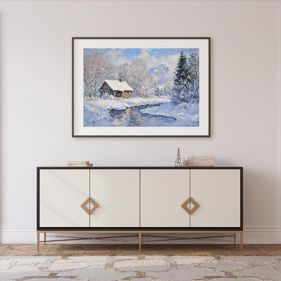 Rustic Log Cabin In Winter Mountain Stream Landscape - Image 2