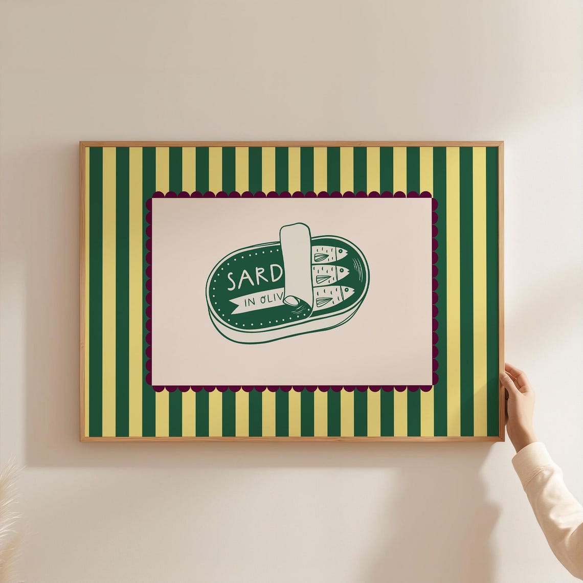 Sardine Tin Retro Kitchen Illustration Green Yellow Striped Poster - Image 2